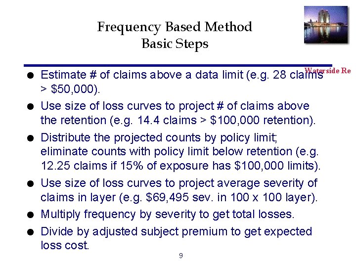Frequency Based Method Basic Steps l l l Waterside Re Estimate # of claims