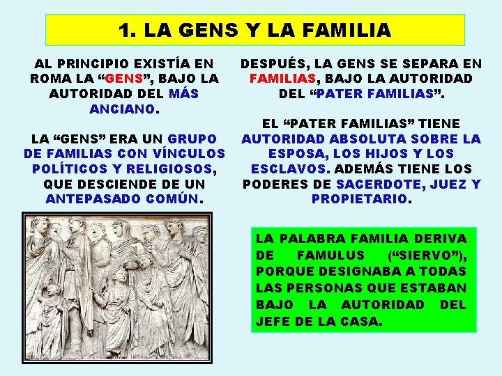 1. LA GENS Y LA FAMILIA AL PRINCIPIO EXISTÍA EN ROMA LA “GENS”, BAJO