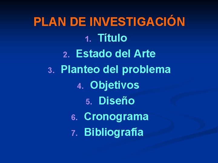 PLAN DE INVESTIGACIÓN Título 2. Estado del Arte Planteo del problema 4. Objetivos 5.