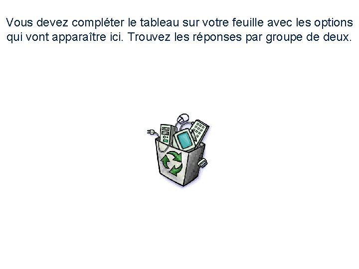 Vous devez compléter le tableau sur votre feuille avec les options qui vont apparaître