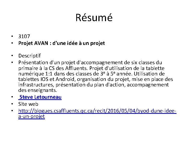 Résumé • 3107 • Projet AVAN : d'une idée à un projet • Descriptif