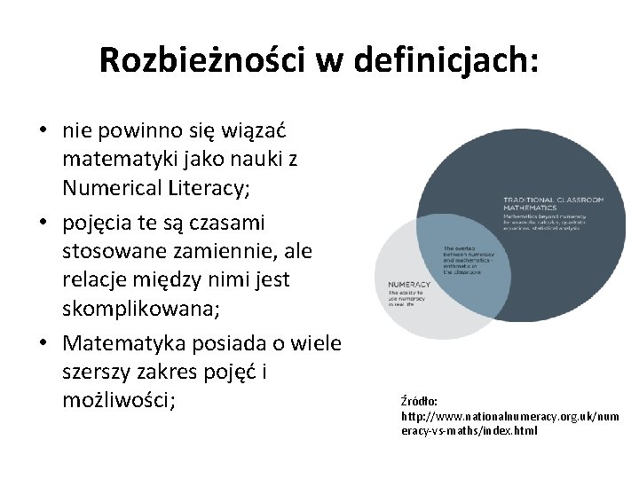 Rozbieżności w definicjach: • nie powinno się wiązać matematyki jako nauki z Numerical Literacy;