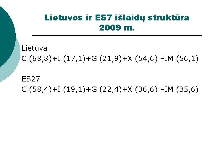 Lietuvos ir ES 7 išlaidų struktūra 2009 m. Lietuva C (68, 8)+I (17, 1)+G