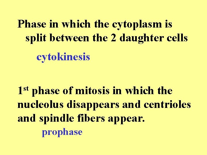 Phase in which the cytoplasm is split between the 2 daughter cells cytokinesis 1 Phase in which the cytoplasm is split between the 2 daughter cells cytokinesis 1