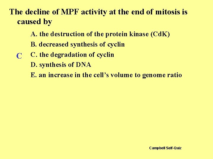 The decline of MPF activity at the end of mitosis is caused by C The decline of MPF activity at the end of mitosis is caused by C