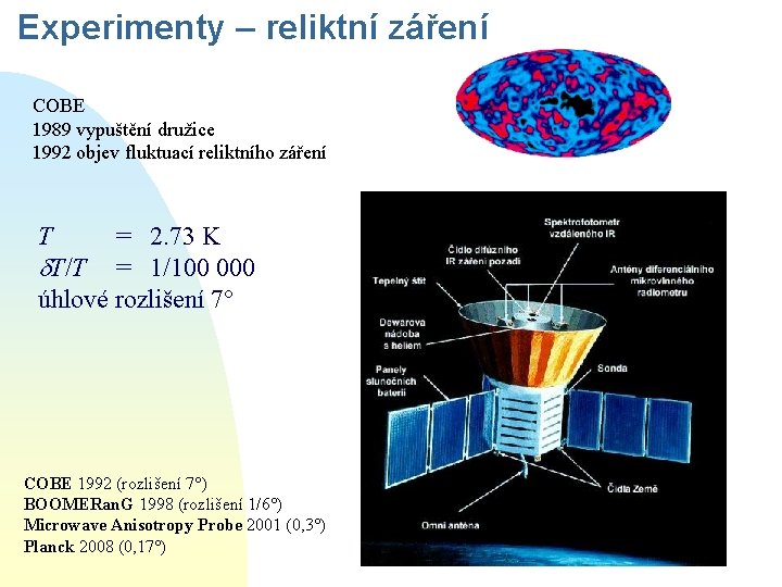 Experimenty – reliktní záření COBE 1989 vypuštění družice 1992 objev fluktuací reliktního záření T