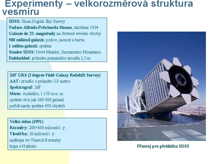 Experimenty – velkorozměrová struktura vesmíru SDSS: Sloan Digital Sky Survey Nadace Alfreda Pritcharda Sloana,