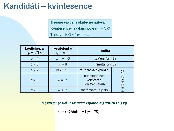 Kandidáti – kvintesence Energie vakua je skutečně nulová Kvintesence - skalární pole s r