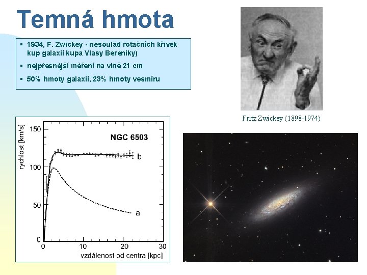 Temná hmota § 1934, F. Zwickey - nesoulad rotačních křivek kup galaxií kupa Vlasy