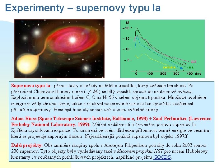 Experimenty – supernovy typu Ia Supernova typu la - přenos látky z hvězdy na