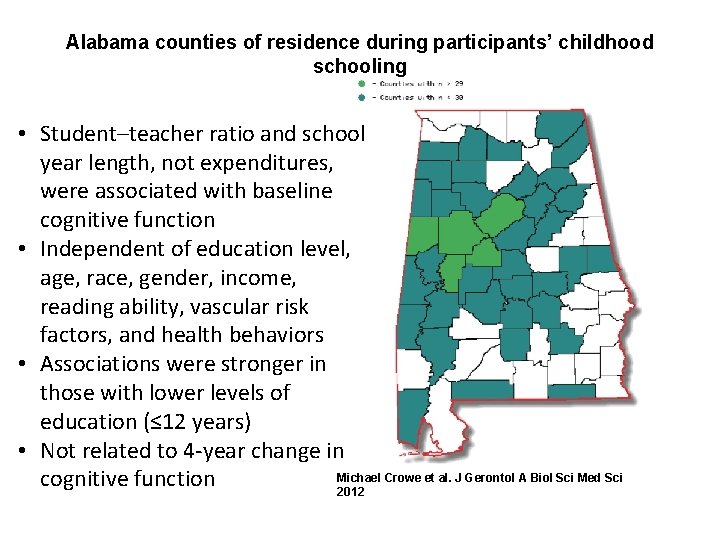 Alabama counties of residence during participants’ childhood schooling • Student–teacher ratio and school year