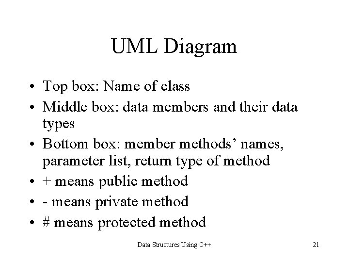 UML Diagram • Top box: Name of class • Middle box: data members and