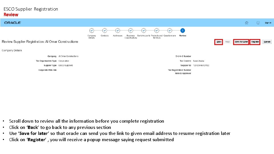 ESCO Supplier Registration Review • • Scroll down to review all the information before