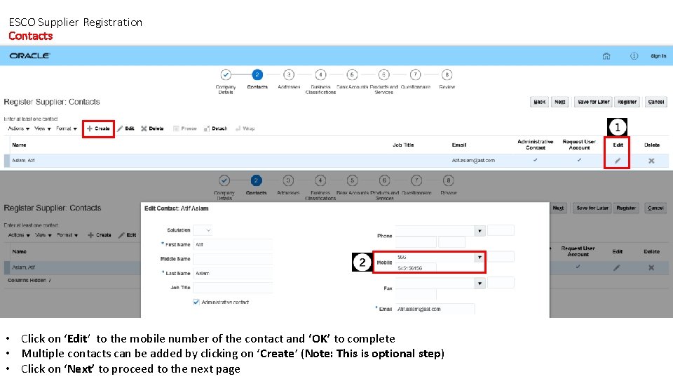 ESCO Supplier Registration Contacts • Click on ‘Edit’ to the mobile number of the
