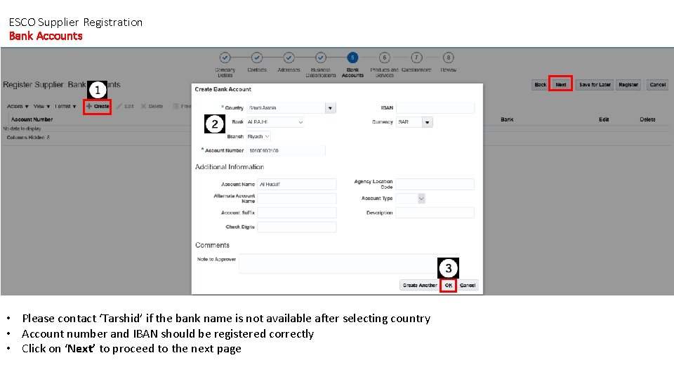 ESCO Supplier Registration Bank Accounts • Please contact ‘Tarshid’ if the bank name is