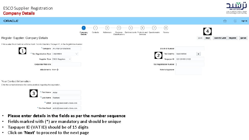 ESCO Supplier Registration Company Details • • Please enter details in the fields as