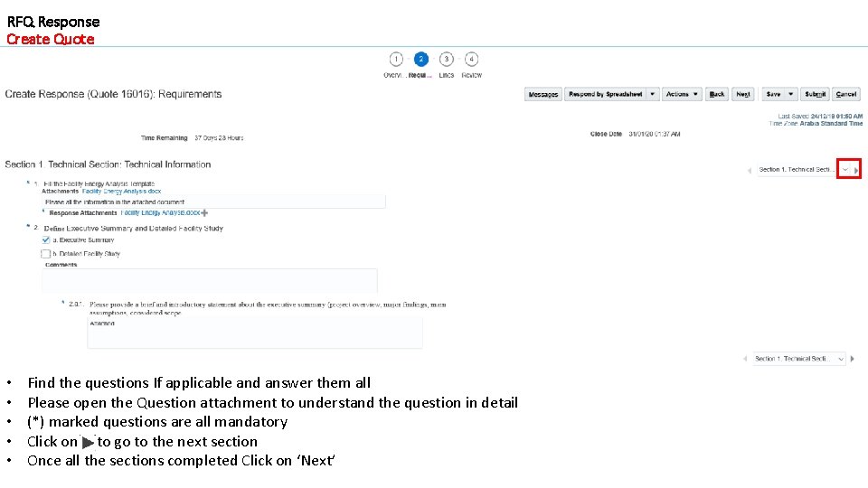 RFQ Response Create Quote • • • Find the questions If applicable and answer