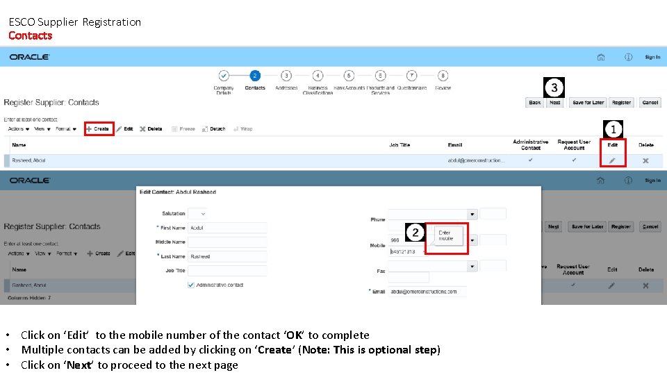 ESCO Supplier Registration Contacts • Click on ‘Edit’ to the mobile number of the