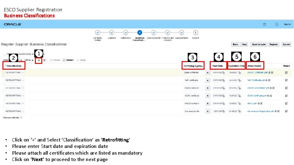 ESCO Supplier Registration Business Classifications • • Click on ‘+’ and Select ‘Classification’ as