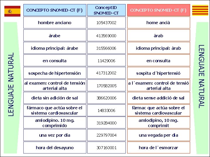LENGUAJE NATURAL Concept. ID SNOMED-CT CONCEPTO SNOMED-CT (F) hombre anciano 105437002 home ancià árabe