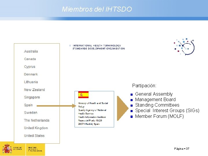 Miembros del IHTSDO Partipación: General Assembly Management Board Standing Committees Special Interest Groups (SIGs)