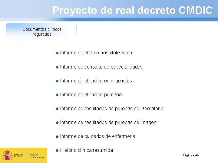 Proyecto de real decreto CMDIC Documentos clínicos regulados Informe de alta de hospitalización Informe