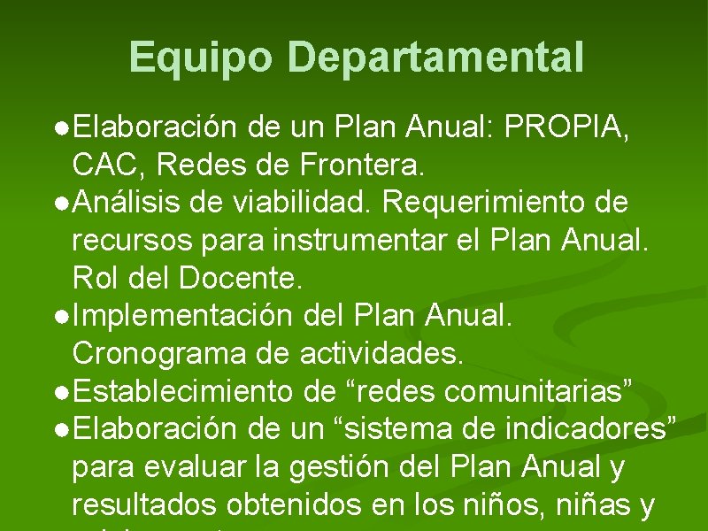 Equipo Departamental ●Elaboración de un Plan Anual: PROPIA, CAC, Redes de Frontera. ●Análisis de