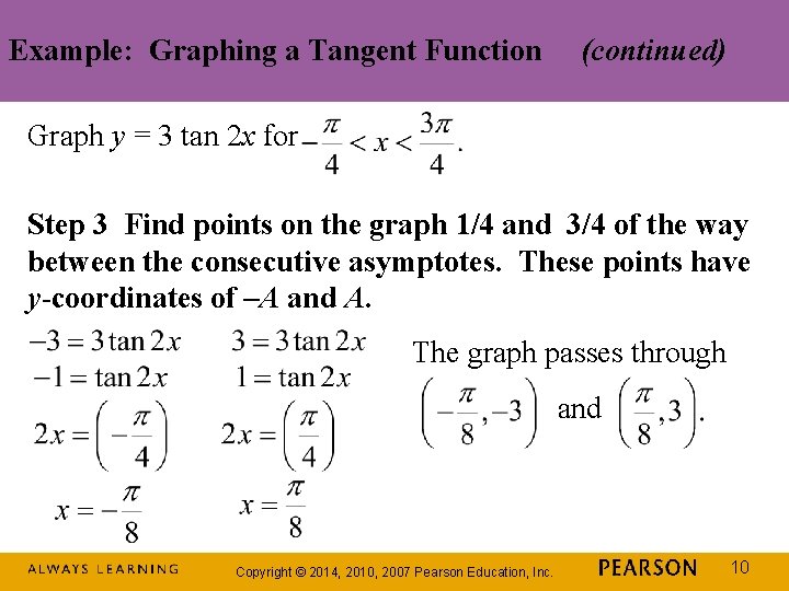 Example: Graphing a Tangent Function (continued) Graph y = 3 tan 2 x for