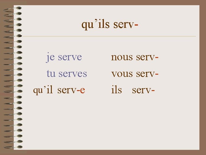 qu’ils servje serve tu serves qu’il serv-e nous servvous servils serv- 