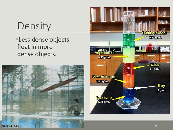 Density §Less dense objects float in more dense objects. 16 