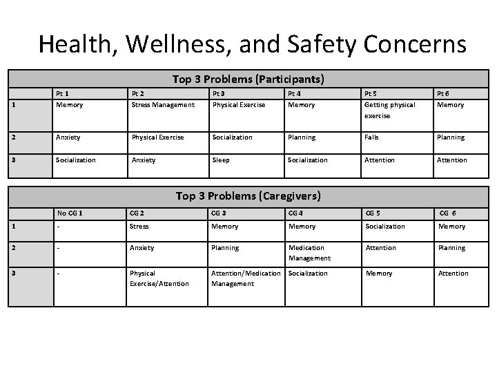 Health, Wellness, and Safety Concerns Top 3 Problems (Participants) 1 Pt 1 Memory Pt