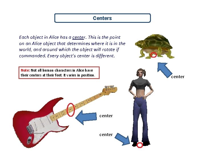 Centers Each object in Alice has a center. This is the point on an