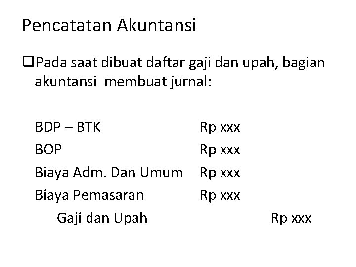 Pencatatan Akuntansi q. Pada saat dibuat daftar gaji dan upah, bagian akuntansi membuat jurnal: