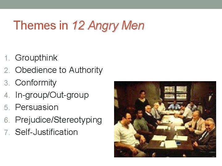 Themes in 12 Angry Men 1. Groupthink 2. Obedience to Authority 3. Conformity 4.