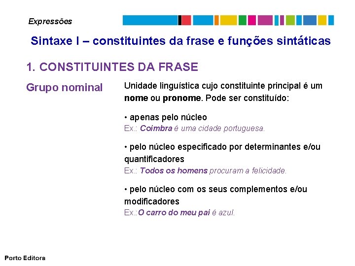Expressões Sintaxe I – constituintes da frase e funções sintáticas 1. CONSTITUINTES DA FRASE
