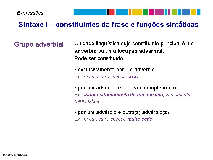 Expressões Sintaxe I – constituintes da frase e funções sintáticas Grupo adverbial Unidade linguística