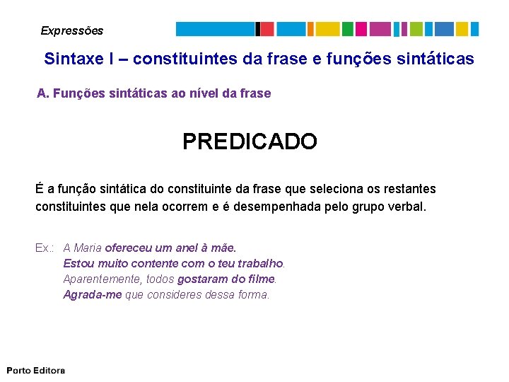 Expressões Sintaxe I – constituintes da frase e funções sintáticas A. Funções sintáticas ao