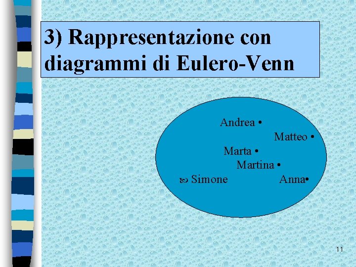 3) Rappresentazione con diagrammi di Eulero-Venn Andrea • Matteo • Marta • Martina •