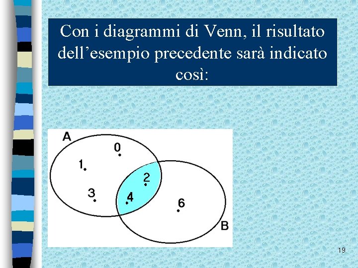 Con i diagrammi di Venn, il risultato dell’esempio precedente sarà indicato così: 19 