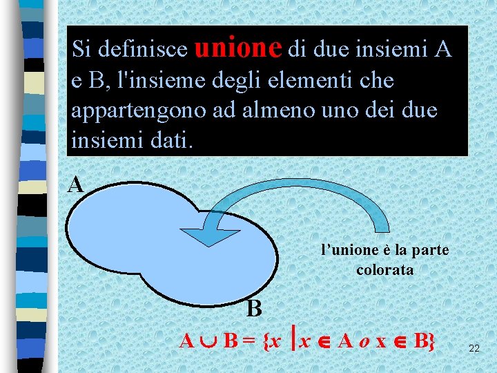 Si definisce unione di due insiemi A e B, l'insieme degli elementi che appartengono