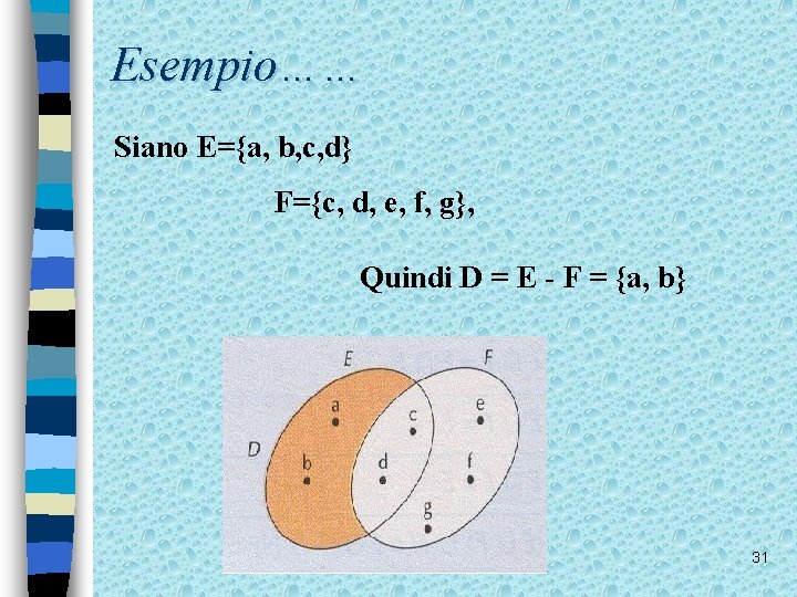 Esempio…… Siano E={a, b, c, d} F={c, d, e, f, g}, Quindi D =