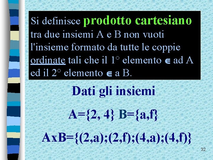 Si definisce prodotto cartesiano tra due insiemi A e B non vuoti l'insieme formato