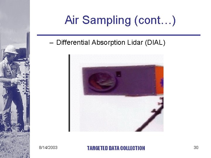 Air Sampling (cont…) – Differential Absorption Lidar (DIAL) 8/14/2003 TARGETED DATA COLLECTION 30 