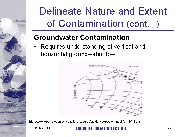 Delineate Nature and Extent of Contamination (cont…) Groundwater Contamination • Requires understanding of vertical