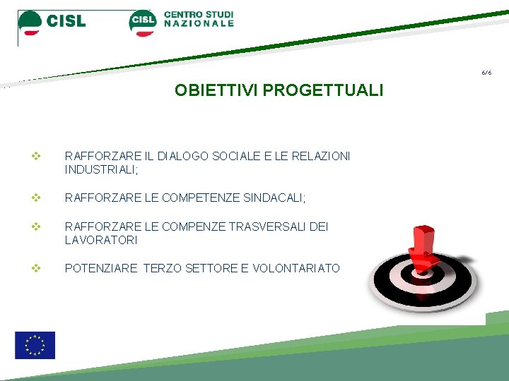 6/6 OBIETTIVI PROGETTUALI v RAFFORZARE IL DIALOGO SOCIALE E LE RELAZIONI INDUSTRIALI; v RAFFORZARE