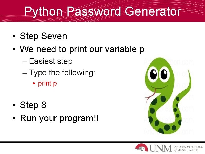 Python Password Generator • Step Seven • We need to print our variable p