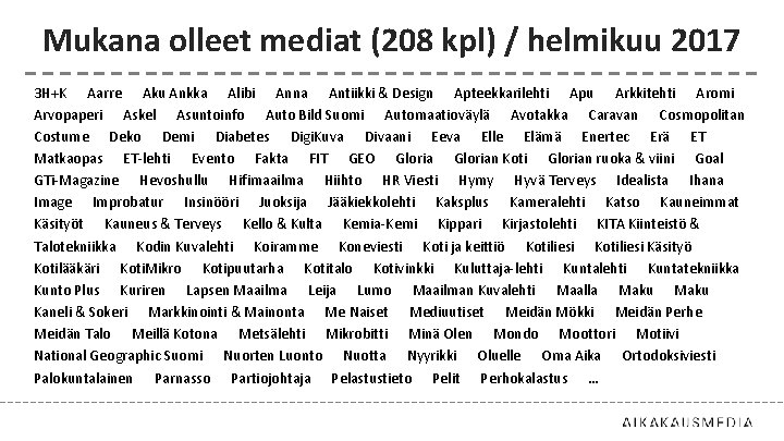 Mukana olleet mediat (208 kpl) / helmikuu 2017 3 H+K Aarre Aku Ankka Alibi