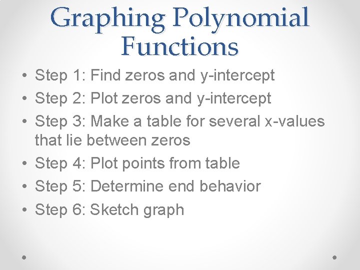 Graphing Polynomial Functions • Step 1: Find zeros and y-intercept • Step 2: Plot