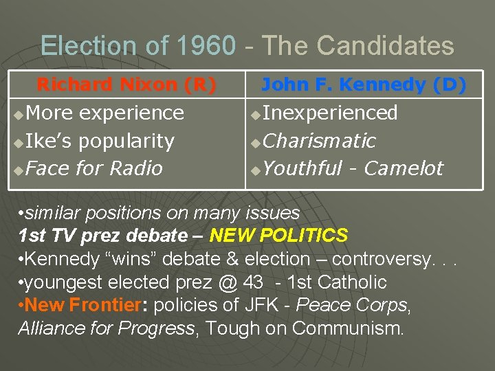 Election of 1960 - The Candidates Richard Nixon (R) More experience u. Ike’s popularity