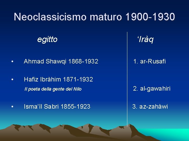 Neoclassicismo maturo 1900 -1930 egitto • Ahmad Shawqi 1868 -1932 • Hafiz Ibràhim 1871